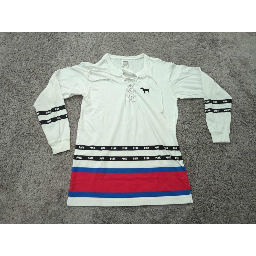 Victoria's Secret PINK Tunic Shirt Womens XS Striped Long Sleeve Campus Lace Up